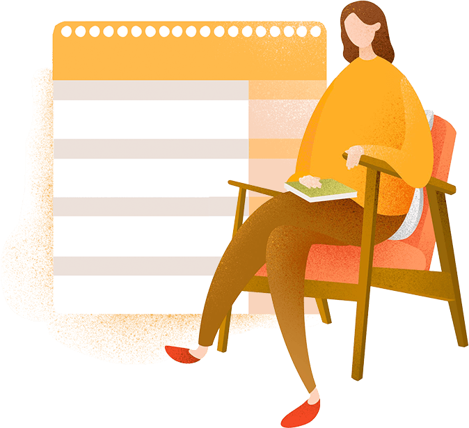Therapeut*in sitzt auf einem Stuhl vor einem übergroßen Kalender